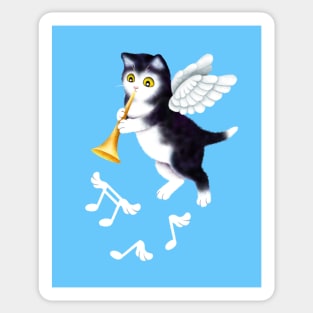 Black and White Cherub Kitten Playing a Horn Sticker